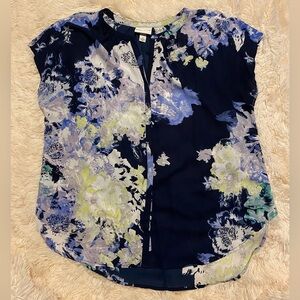 AVA & VIV Floral Blouse 1X Navy Blue Short Sleeve Lightweight Top